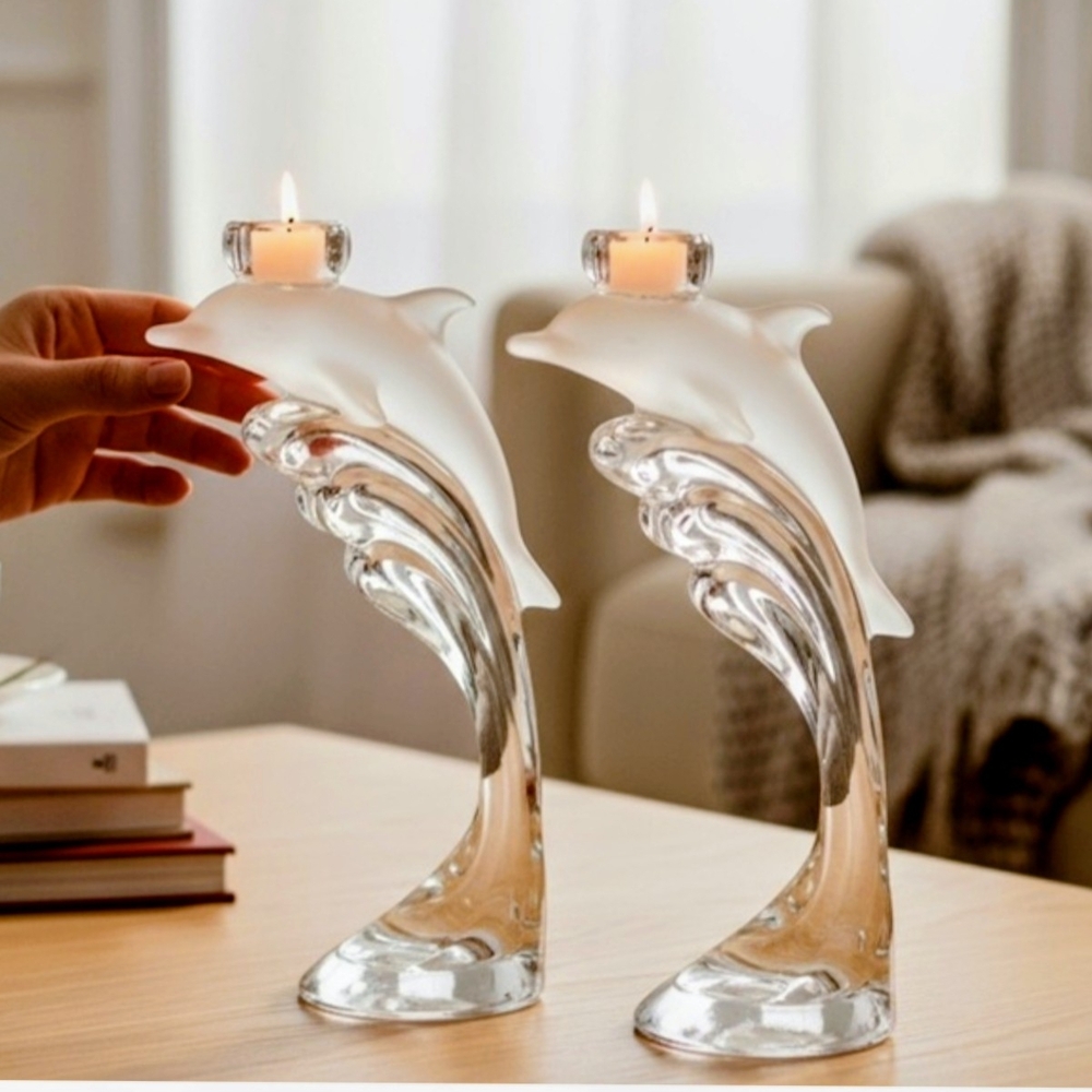 Glass Dolphin Candle Holders - Clear and Frosted